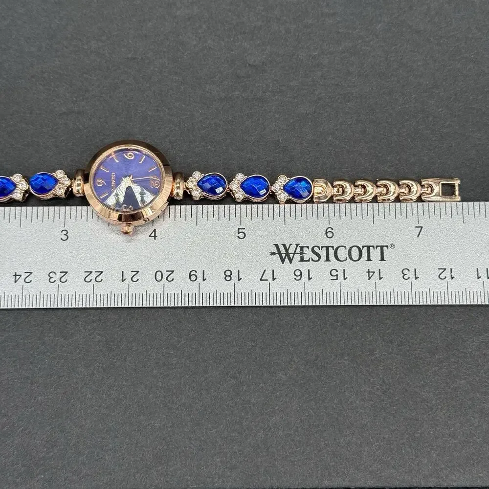 Gold Tone Blue Watch Rhinestone Necklace Hoop Earrings Set 4 Pc Fashion Lot